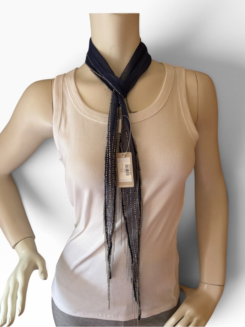 Chan Luu Navy Metallic Threaded Fringe Sheer Scarf Necklace